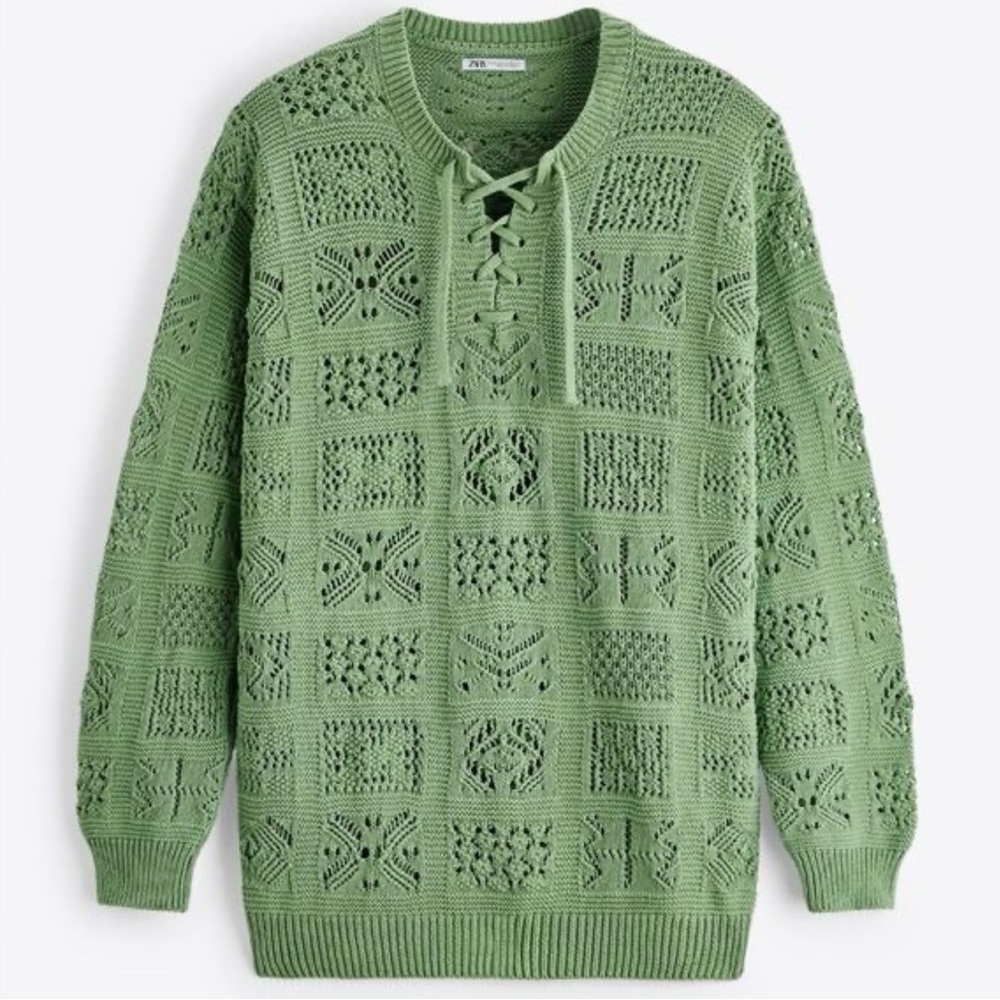 Zara Olive Textured Crewneck Sweater